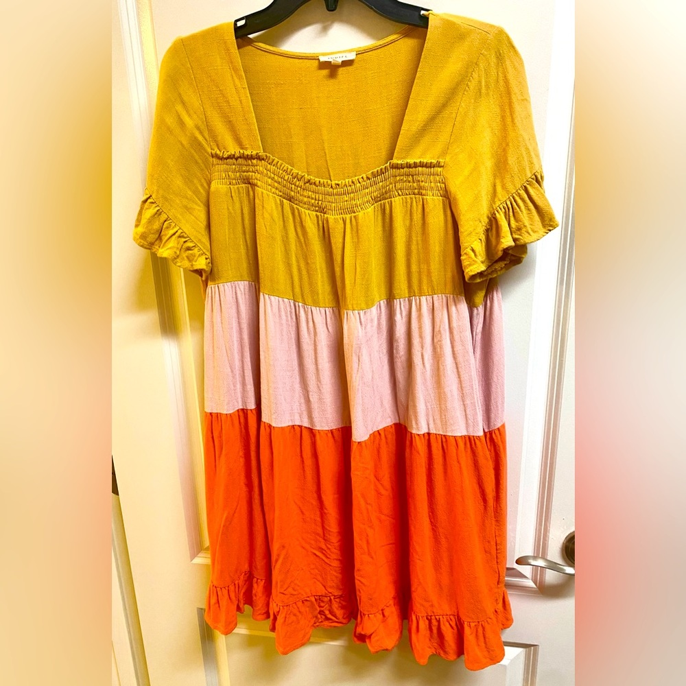 JODIFL Colorblock Linen Blend Baby Doll Dress Pockets Sz M